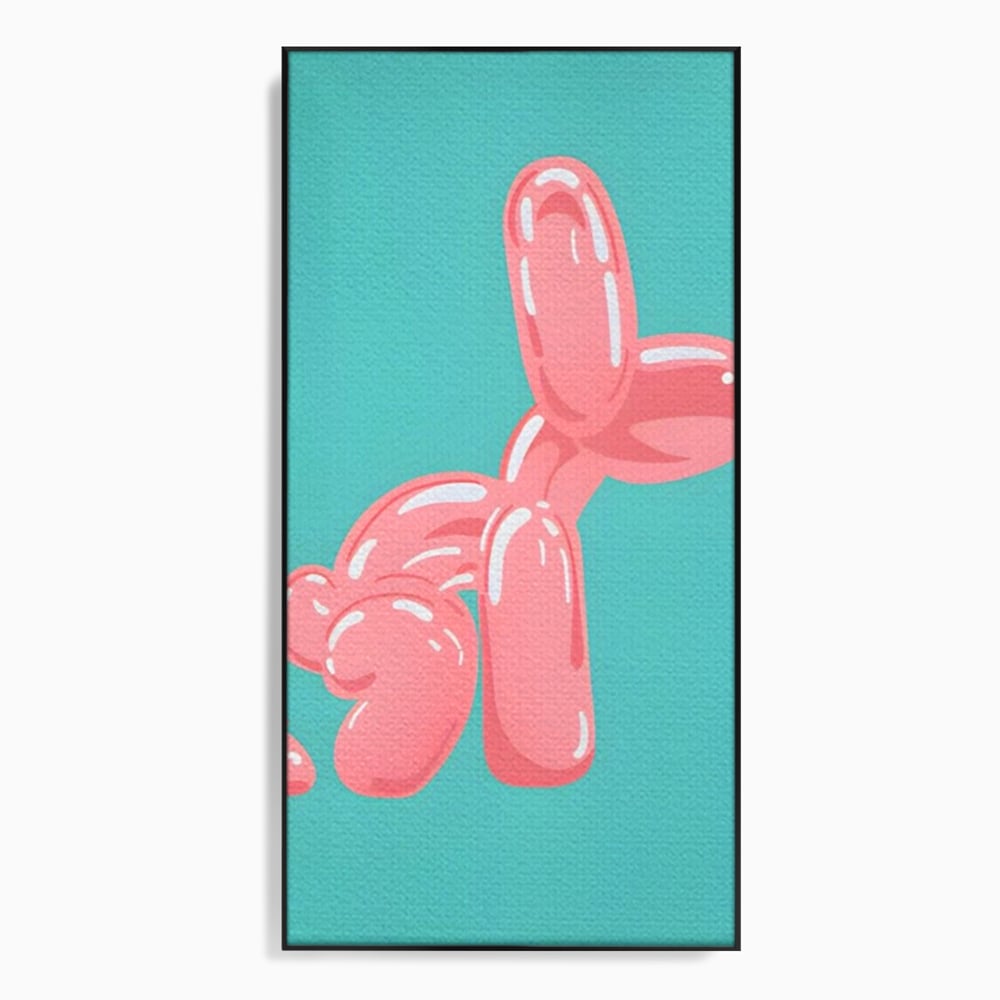 Tablou canvas cu ilustratie caine balon roz, in rama de aluminiu negru